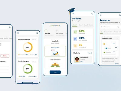 Educompass: Streamlining Education with AI | Mobile ai analytics app blue branding concept dailyui design education inspiration mobile mobile dashboard onboarding pie charts resources saas services statistics students teachers