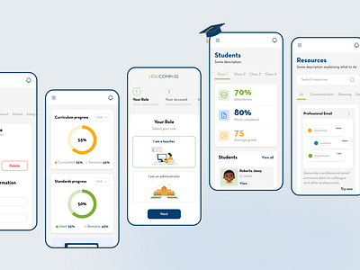 Educompass: Streamlining Education with AI | Mobile ai analytics app blue branding concept dailyui design education inspiration mobile mobile dashboard onboarding pie charts resources saas services statistics students teachers