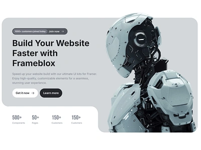 Dark landing page website hero section for Framer - Frameblox UI clean cta future grey header hero landing metrics minimal ui webdesign