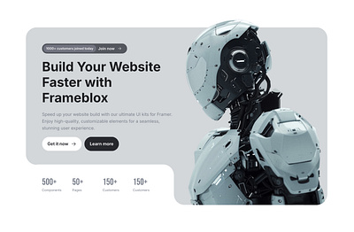 Dark landing page website hero section for Framer - Frameblox UI clean cta future grey header hero landing metrics minimal ui webdesign