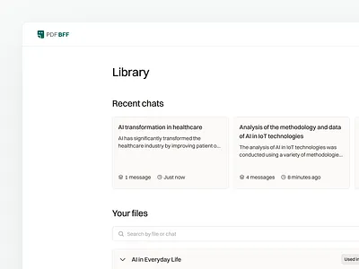 Library - PDF BFF ai ai chatbot cards chats clean dashboard files minimal product design saas search ui design user interface web app workspace