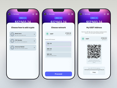 Receive Crypto address app bright btc clean coin crypto flow mobile money qr receive scan screen selection token transfer usdt wallet wip