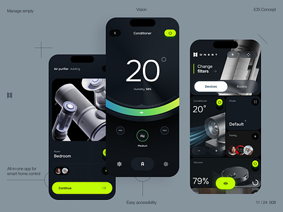 Smart devices app bento button conditioner contrast control dark design devices elements home mobile mode sections selector slick smart temperature ui