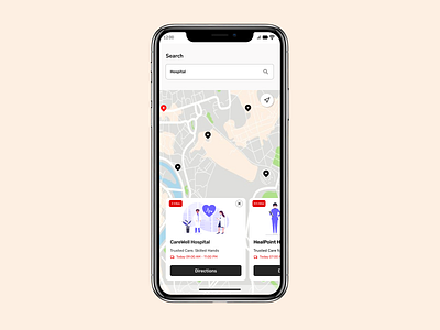 Daily UI Challenge # 66 - A Hospital Location Map with Details android branding daily challenge daily ui daily ui challenge 66 design directions figma figma design hospitals illustration iphone map ui uiux