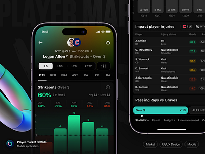 Outlier iOS: Players market details app betting dark data design ios mlb mobile app neon outlier phone pitcher product design props sport sports statistics ui user interface ux