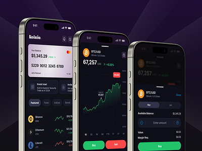 Crypto Mobile App Concept - Koinio. buy card crypto cryptocurrency dashboard design finance investing metrics mobile app sell statistics tracking ui ui design ux