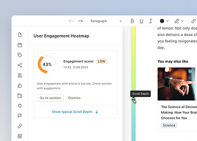 User Engagement Heatmap of the article ai app application article contextual editor engagement heatmap helper minimal newsroom poc score scroll scrolling simple tool ui user ux