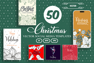 Christmas vector social media templates christmas decoration elegant flat design globe graphic design hand drawn holiday illustration new year outline pine poinsettia post social media square story template tree vector