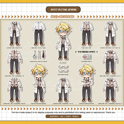 Outfit Splitting Artwork | Davis in Vyn mode charactersheet chibi commissionart costume davis digitalart doodle fanart fashiondesign illustration mihoyo mobilegame otomegame outfit papercraft paperdoll pose stickers tearsofthemis vynritcher