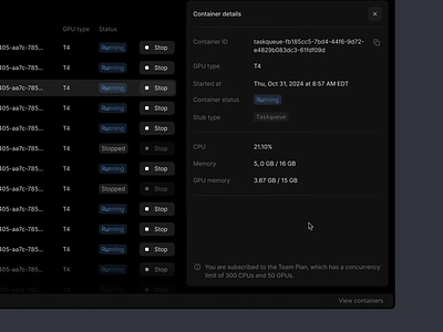 Container details cloud dark theme deployment details dev tool infrastructure modal sidebar