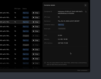 Container details cloud dark theme deployment details dev tool infrastructure modal sidebar