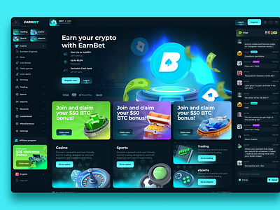 EarnBet crypto gambling betting blockchain casino casino home page casino online casino ui crypto casino crypto dashboard gambling illustrations game game design game illustration gaming gaming ui home page igaming lucky casino slot banners slot casino sports ui