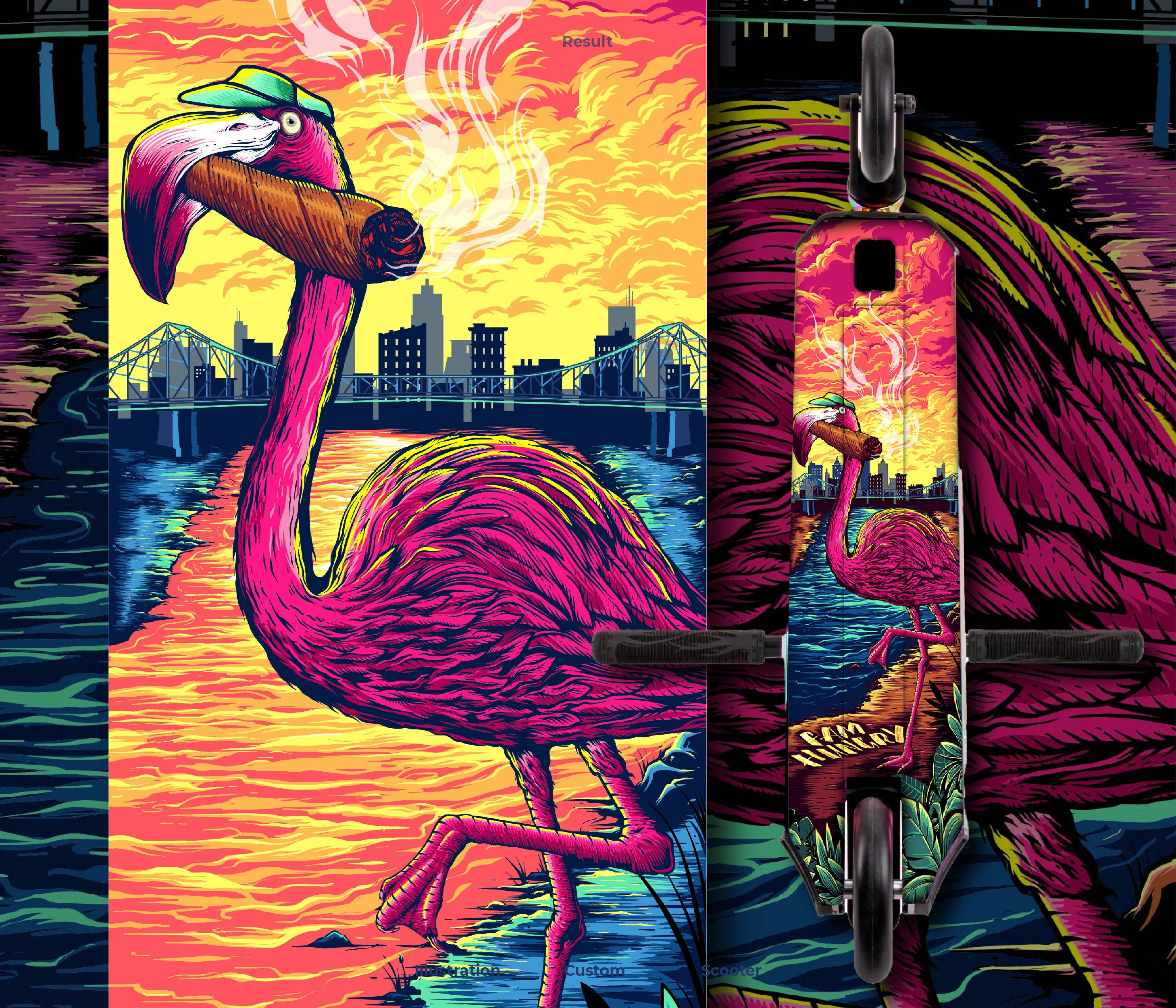 Scooter Deck badge logo brand identity branding cigarette colorfull design flamengo graphic design icon illustration logo productdesign scooterdesign smoke sunset ui vector warm