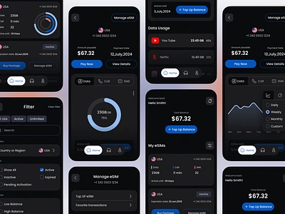 eSIM Application analysis application branding chart dark dark app dark ui esim mobile application mobile dashboard ui