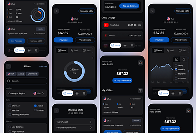 eSIM Application analysis application branding chart dark dark app dark ui esim mobile application mobile dashboard ui