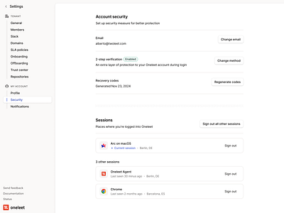 Settings page - Account Security 2 step verification 2fa account security button email figma light mode minimal preferences product design saas sessions settings sidenav ui web