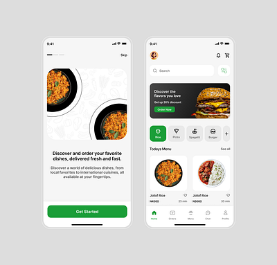 Onboarding and home screen for a food delivery app