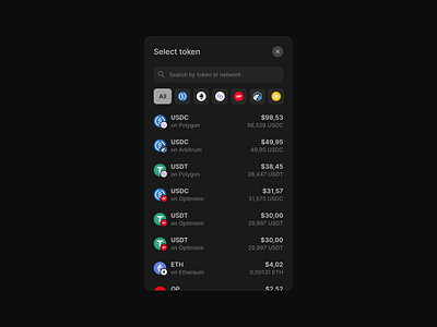 Select token app bridge cex clean crypto dark dark more dex eth figma minimal product design swap token ui web3