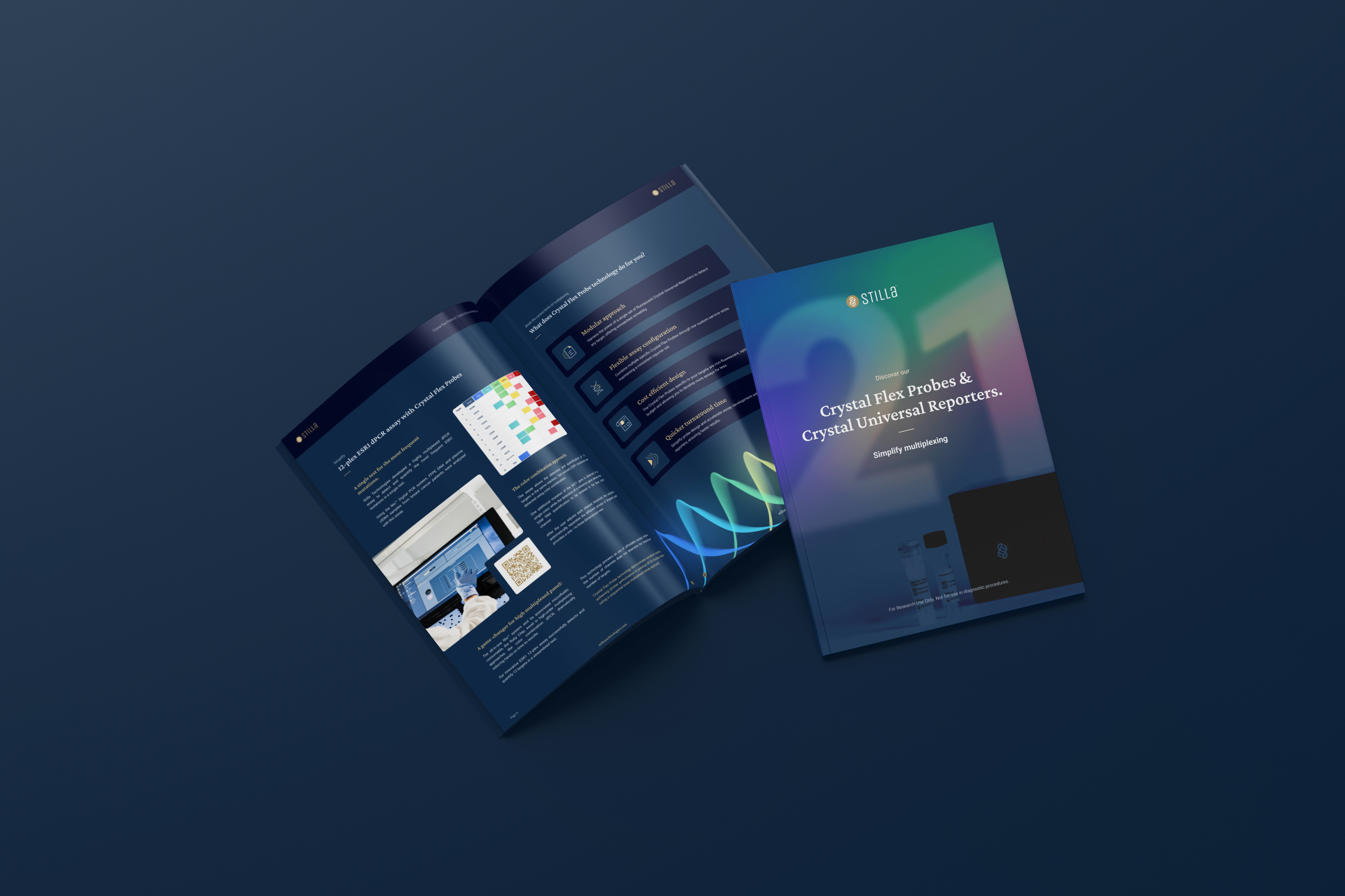 Stilla Technologies Crystal Flex Probes Brochure app note application blue brandingbrand brochure clean dark dark mode magazine medical mode navy note pcr print scientific tech technology waves