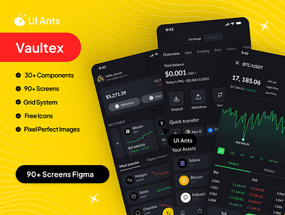 Vaultex - Crypto Trading App UI Kit app bitcoin app bitcoin trading block chain app crypto currency app crypto exchange crypto investing crypto investment crypto market crypto portfolio crypto trading app crypto wallet design digital currency mobile screen trade app trade made easy trading app ui