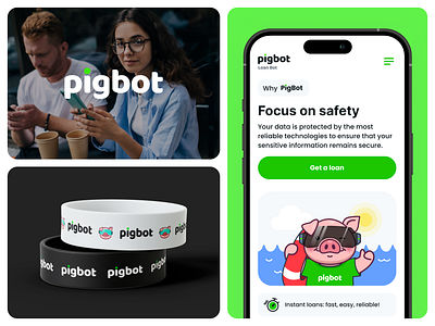 Mobile version website, Logotype, Wristband | Pigbot bracelet branding design finance fintech illustration interface loan logo logotype mascot pig product product design safety ui ux uxui web website