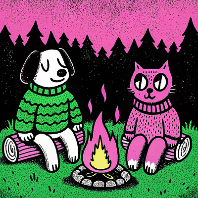 Cozy up to a campfire camp campfire cat cozy cute dog illustration