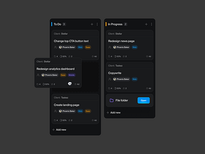 Task cards - Dark mode cards components dark mode graphic design productivity saas task cards task management to do ui ux