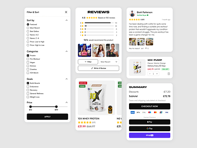 UI elements - E-commerce app card cart components design e commerce e commerce ui filter filters mobile online store product card rating reviews sort sorting ui ui elements