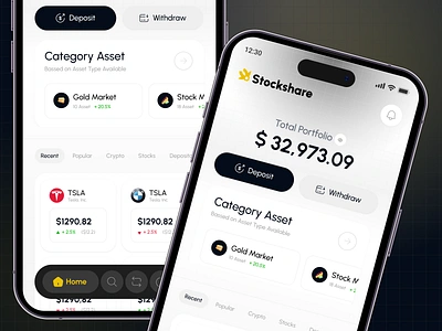 Stockshare Home Screen📈 app application bank clean crypto design emoney fintech flat gold homepage homescreen icon investment mobile payment simple stock ui wallet