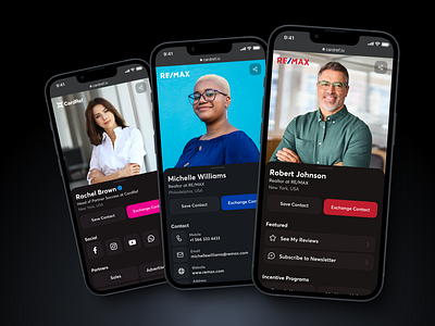 Personal profile - Dark Mode - Mobile App add to contact app card design contact sharing corporate profile dark mode dark theme dashboard mobile mobile app personal profile profile profile card share contact theme ui vcard web