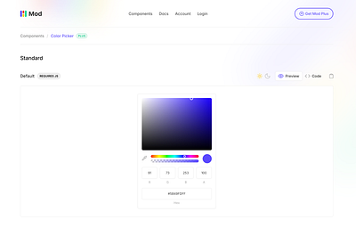 Mod Component Stage color color picker component components css dark dark mode design display framework interface light light mode modern picker preview stage tabs ui user interface