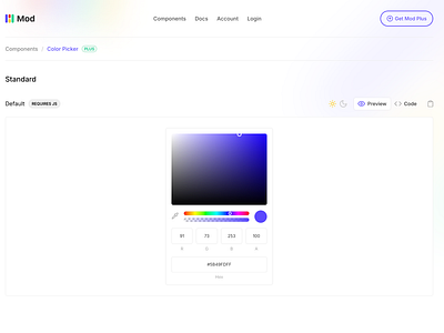 Mod Component Stage color color picker component components css dark dark mode design display framework interface light light mode modern picker preview stage tabs ui user interface