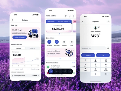 Lavendr - Mobile Bank App account balance bank budget card cash chart expenses finance fintech income mobile modern money payment request rewards transactions transfer wallet