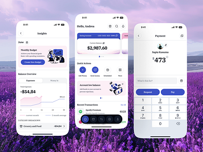 Lavendr - Mobile Bank App account balance bank budget card cash chart expenses finance fintech income mobile modern money payment request rewards transactions transfer wallet