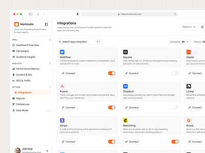Markicabs - Integration Page analytics dashboard business clean dashboard design integrations page intergration marketing marketing dashboard minimalist modern sales sales dashboard sidebar sso ui ux web design website workflow