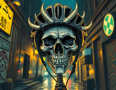 Glowing Grim Rider: Tribal Terror in the Neon Rain art deco biker bones cyberpunk dark fantasy frazetta freepik glowing accents gothic illustration neon psychedelic rain skull tracingflock tribal vibrant colors viking