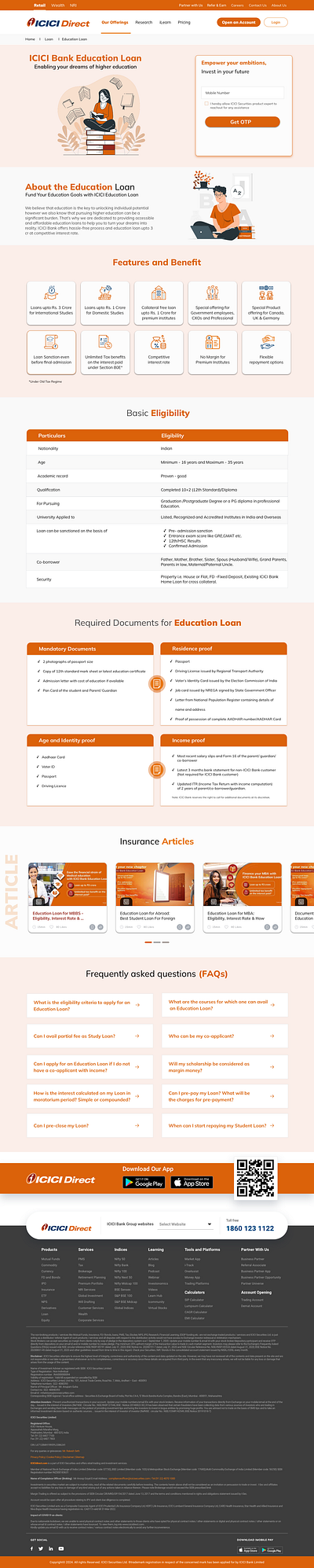 ICICI Bank Education Loan branding landing page sketch ui uiux design webdesign