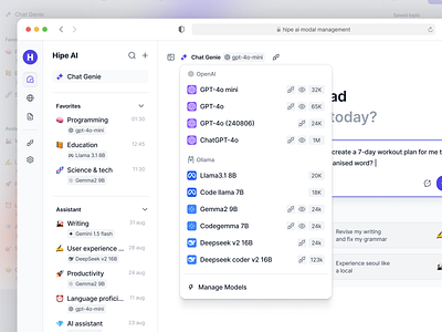 AI chat assistant model ai ai chatting ai design change model chat gpt clean modern multiple ai model open ai popup product design saas ui user interface web web app
