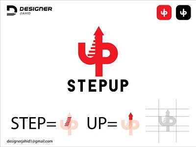 Stairs and Up Arrow Combine STEPUP Logo Design. alphabet logo branding combination mark logo creative logo design graphic design illustration letter logo logo logo idea 2024 modern logo new logo red logo step up logo stylish logo up arrow and stair combine logo vector