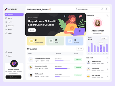 Learnify - Learning Management Web App Dashboard course dashboard e learning edtech educational platform illustration learn learn skill learning minimalist online course online education online learning study studying ui ux web web app web design