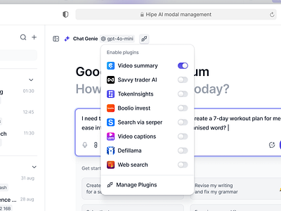 AI Plugin Popup ai assistant ai chatting ai design ai model chat bot chat gpt clean input minimal modal modern multiple chat open ai popup product design saas text input toggle ui ux