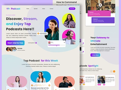 "Podcast Landing Page - Discover, Stream, Enjoy!" audio platform bold typography colorful design creative layout design inspiration digital platform flat design interactive ui landing page minimal ui modern design podcast podcast website responsive design streaming service ui design user experience ux design web design website mockup