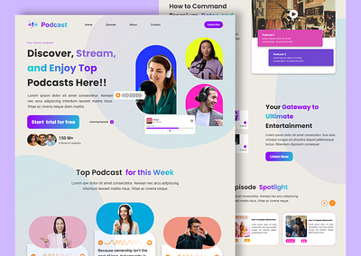 "Podcast Landing Page - Discover, Stream, Enjoy!" audio platform bold typography colorful design creative layout design inspiration digital platform flat design interactive ui landing page minimal ui modern design podcast podcast website responsive design streaming service ui design user experience ux design web design website mockup