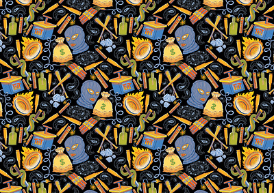 ROBBERY PATTERN DESIGN alipstudio balaclava bomb brand branding bullet dynamite freelance gold coin illustration illustrator molotov opentowork pattern pattern design pattern illustration robbery vintage illustration visual identity visual illustrator