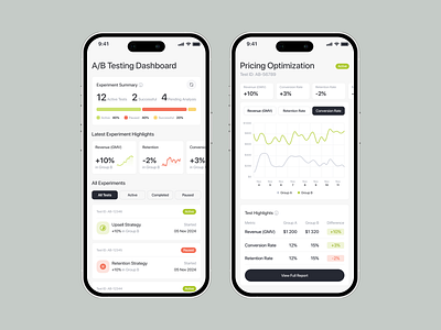 A/B Testing Dashboard - Analytics and Insights abtesting analytics appdesign cleandesign dashboarddesign datavisualization experimenttracking mobiledashboard mobileui modernui productdesign uidesign uxanalytics uxdesign