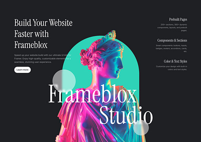 Dark landing page website hero section for Framer - Frameblox UI agency blue cta cyan dark features framer glass grey header hero landing neon pink sans section shape studio ui