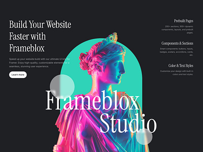 Dark landing page website hero section for Framer - Frameblox UI agency blue cta cyan dark features framer glass grey header hero landing neon pink sans section shape studio ui