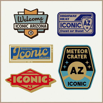 Iconic Badges apparel design arizona arizona art arizona design artifact badge design bazaar desert flash sheet gas station iconic iconic arizona patch design route 66 stamp collection stamp design texture design travel design