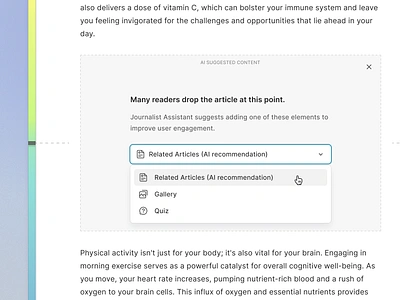 AI-Suggested Section to boost reader engagement ai app application article contextual design editor engagement heatmap helper minimal newsroom reader scrolling simple suggestion tool ui user ux