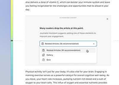 AI-Suggested Section to boost reader engagement ai app application article contextual design editor engagement heatmap helper minimal newsroom reader scrolling simple suggestion tool ui user ux